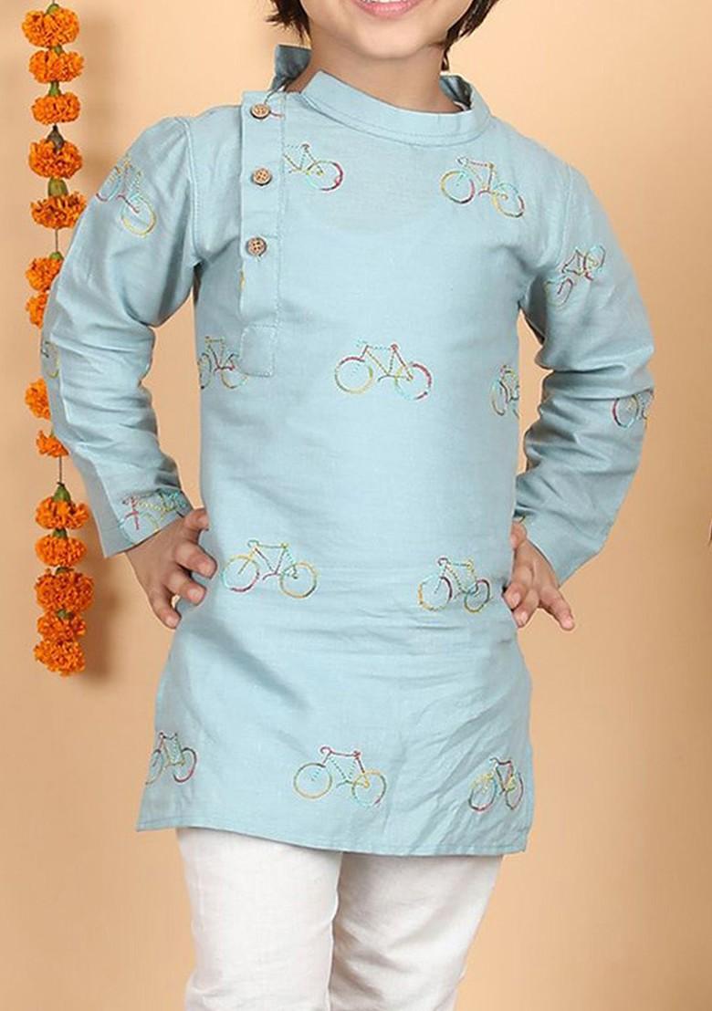 Green Embroidered Cotton Kurta Set For Boys - Indya