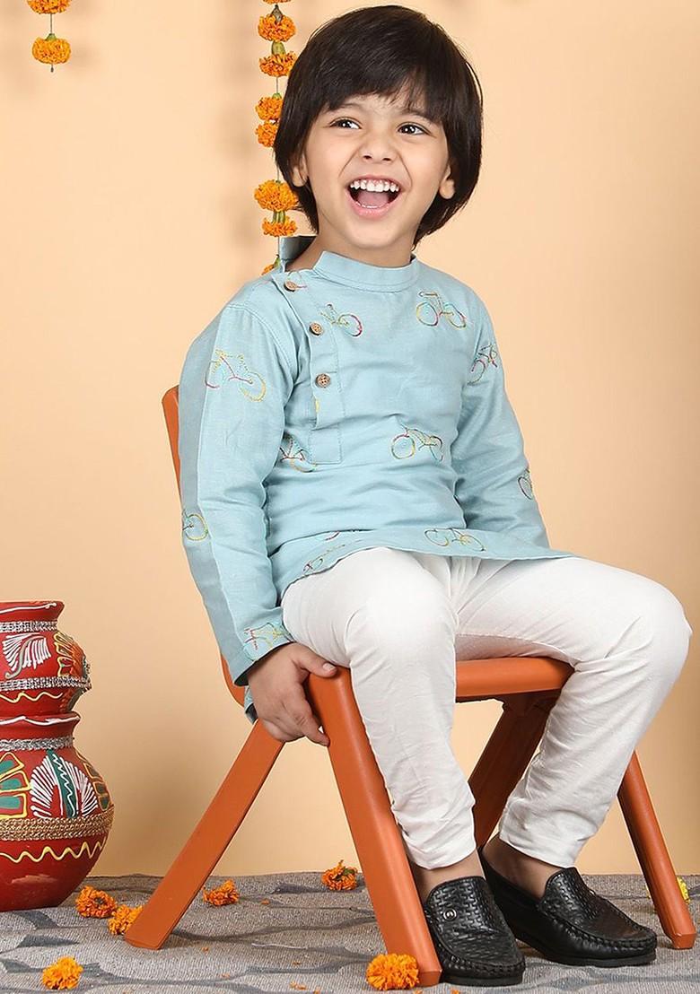 Green Embroidered Cotton Kurta Set For Boys - Indya