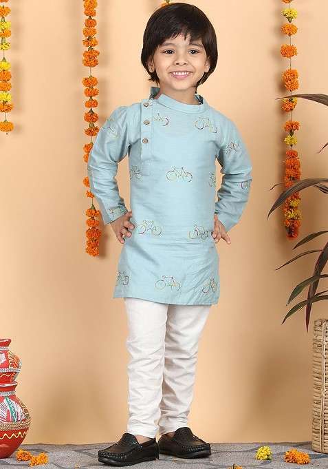 Green Embroidered Cotton Kurta Set For Boys