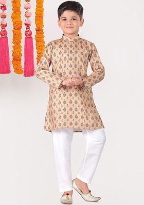 Beige Printed Cotton Kurta Set For Boys