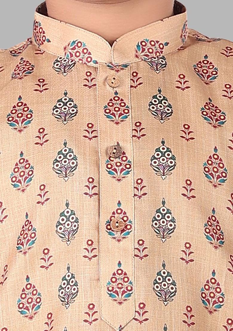 Beige Printed Cotton Kurta Set For Boys - Indya