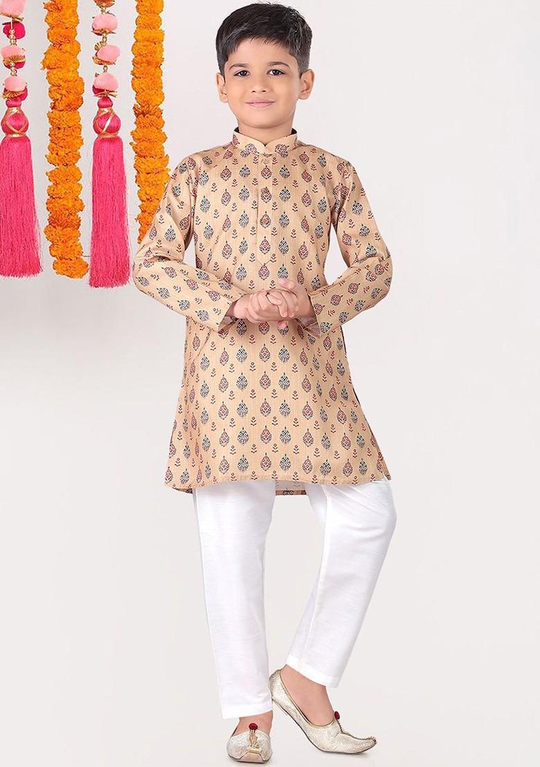 Beige Printed Cotton Kurta Set For Boys - Indya
