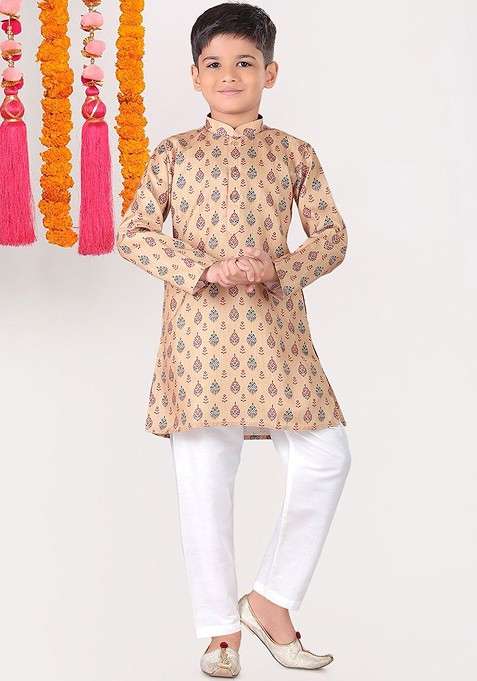 Beige Printed Cotton Kurta Set For Boys