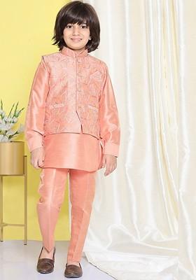 Peach Embroidered Blended Nehru Jacket Set For Boys