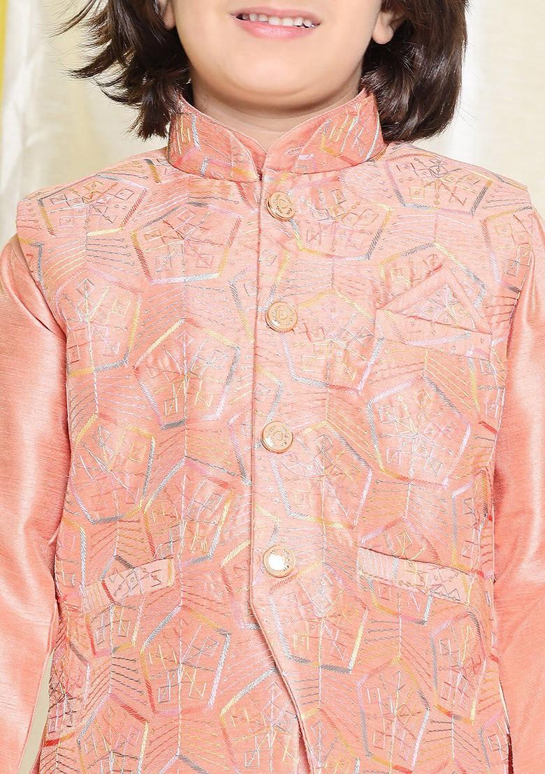 Peach Embroidered Blended Nehru Jacket Set For Boys - Indya