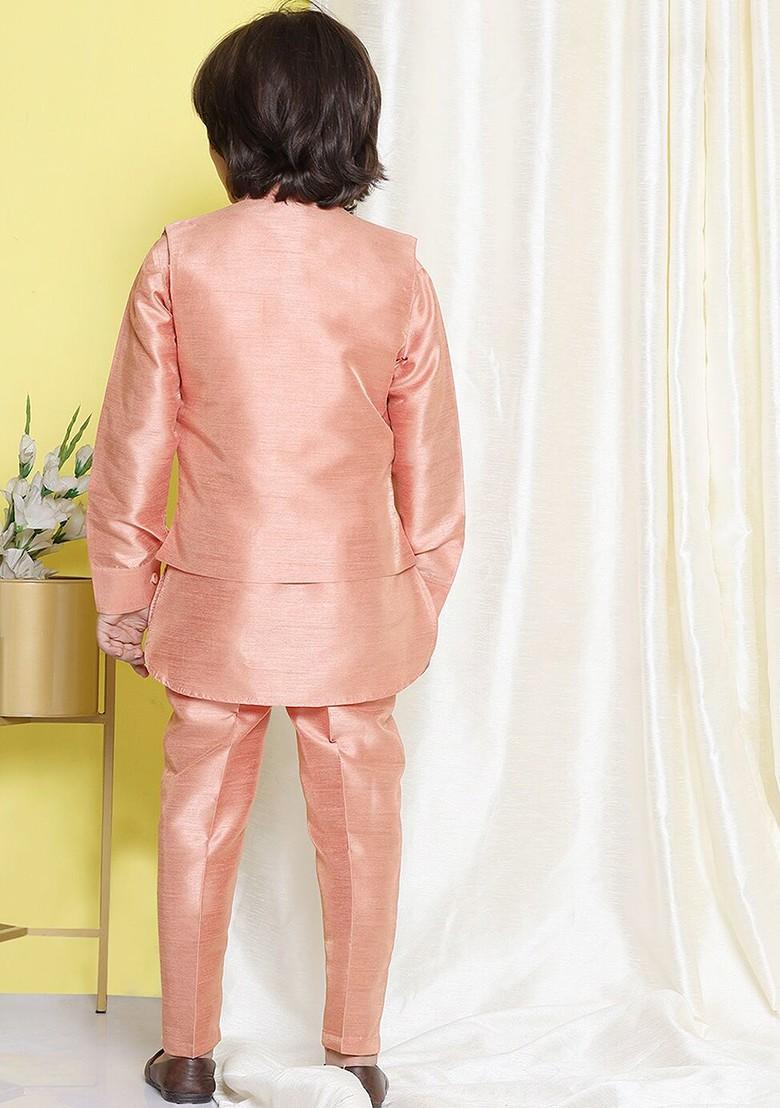 Peach Embroidered Blended Nehru Jacket Set For Boys - Indya