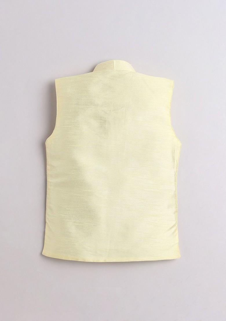Yellow Embroidered Cotton Nehru Jacket Set For Boys - Indya
