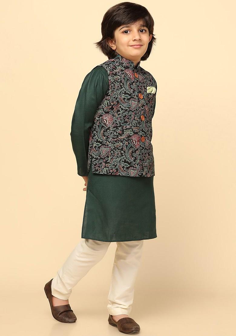Black Printed Blended Kurta Set For Boys - Indya