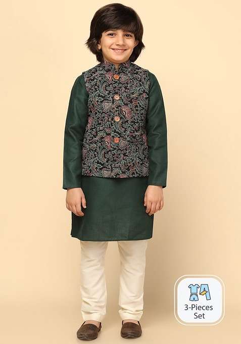 Black Printed Blended Kurta Set For Boys