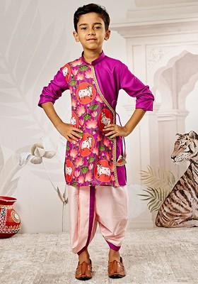 Purple Printed Blended Kurta Dhoti Set For Boys