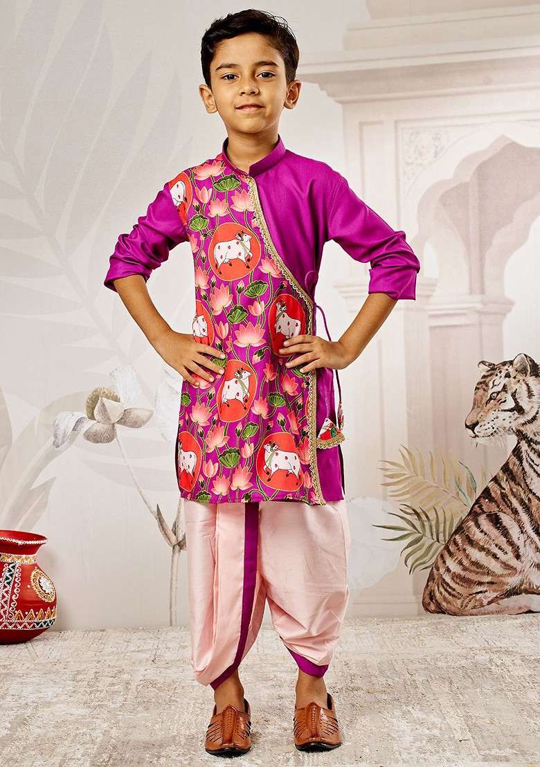 Purple Printed Blended Kurta Dhoti Set For Boys - Indya