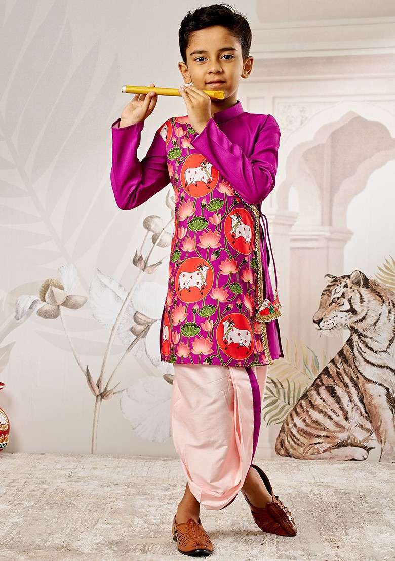 Purple Printed Blended Kurta Dhoti Set For Boys - Indya