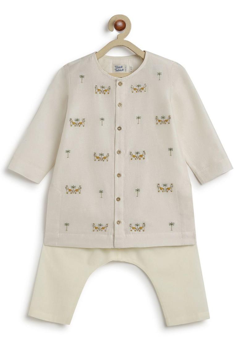 Cream Embroidered Silk Kurta Set For Boys - Indya