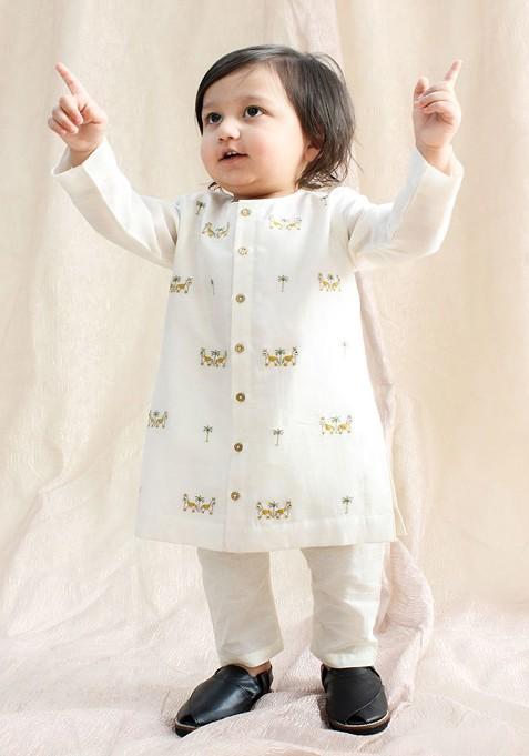 Cream Embroidered Silk Kurta Set For Boys — view on Indya