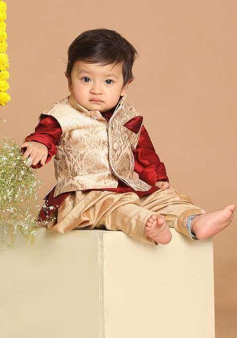 Maroon Embroidered Blended Nehru Jacket Set For Boys
