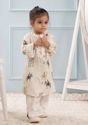 Off White Printed Blended Kurta Set For Boys