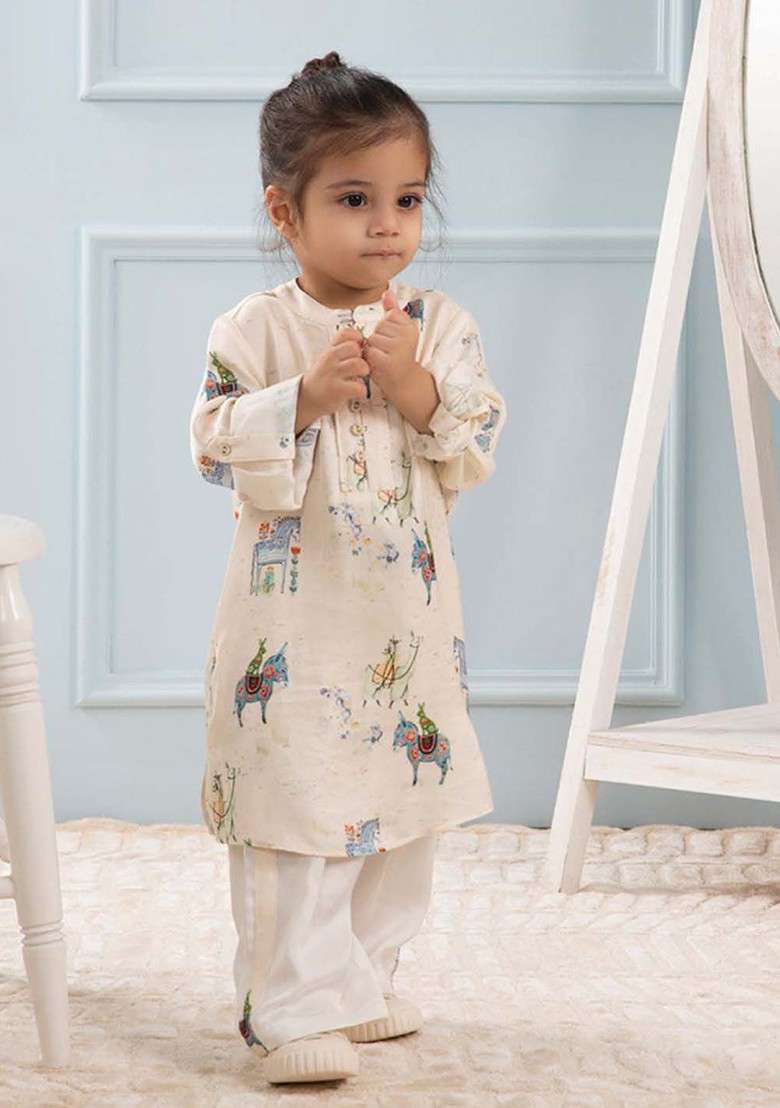 Off White Printed Blended Kurta Set For Boys - Indya