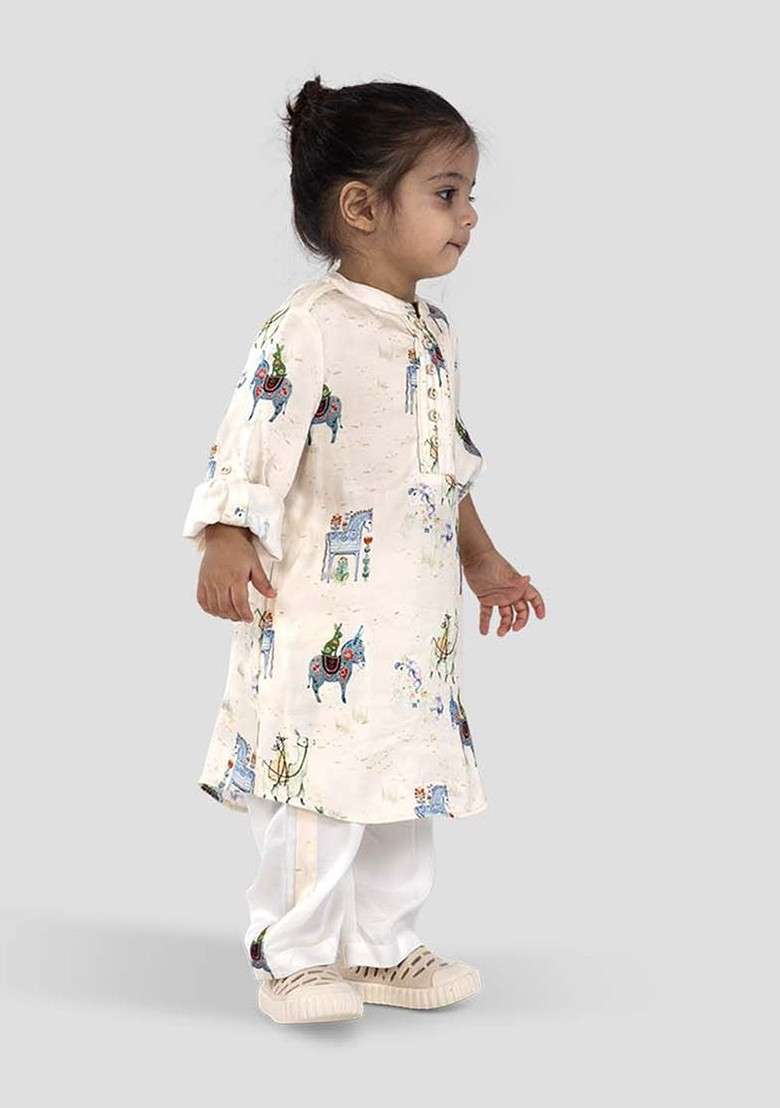 Off White Printed Blended Kurta Set For Boys - Indya