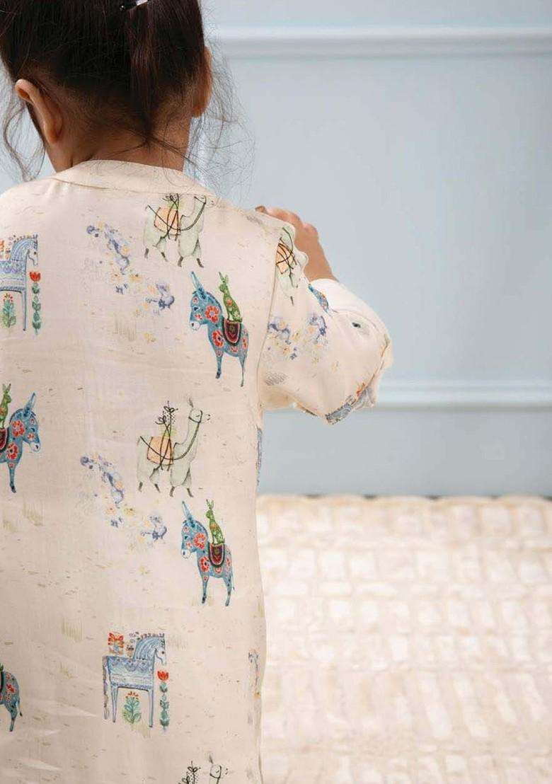 Off White Printed Blended Kurta Set For Boys - Indya