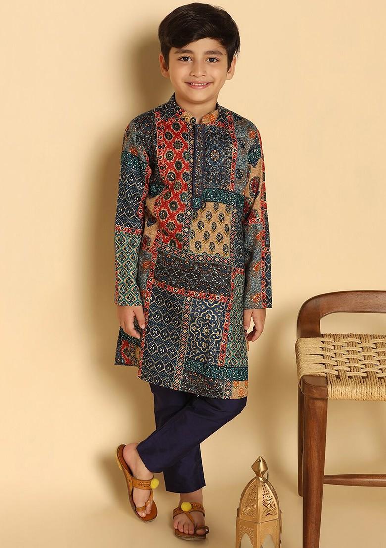 Navy Blue Printed Blended Kurta Set For Boys - Indya