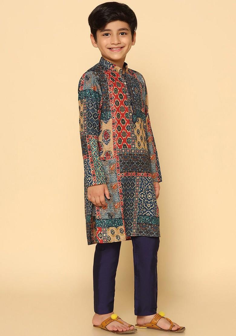 Navy Blue Printed Blended Kurta Set For Boys - Indya