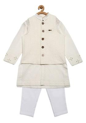 White Embroidered Cotton Kurta Set For Boys