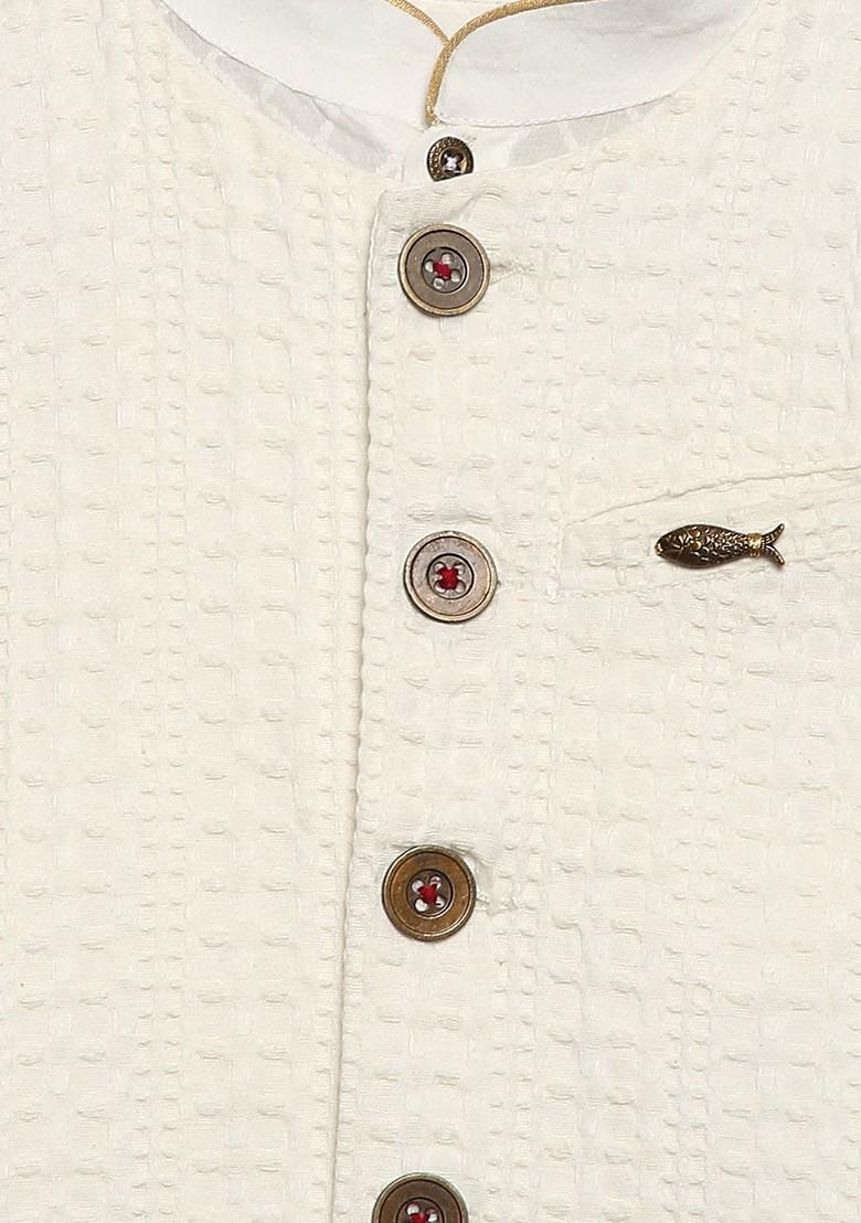 White Embroidered Cotton Kurta Set For Boys - Indya