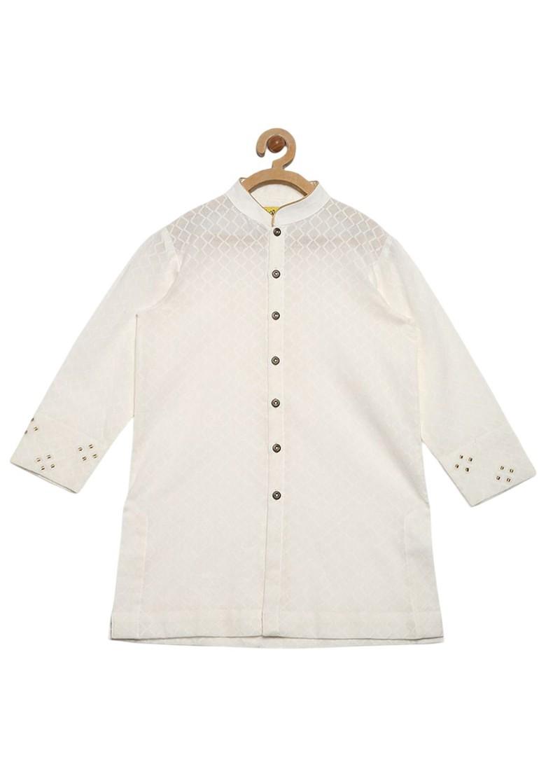 White Embroidered Cotton Kurta Set For Boys - Indya