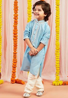 Blue Floral Blended Kurta Set For Boys