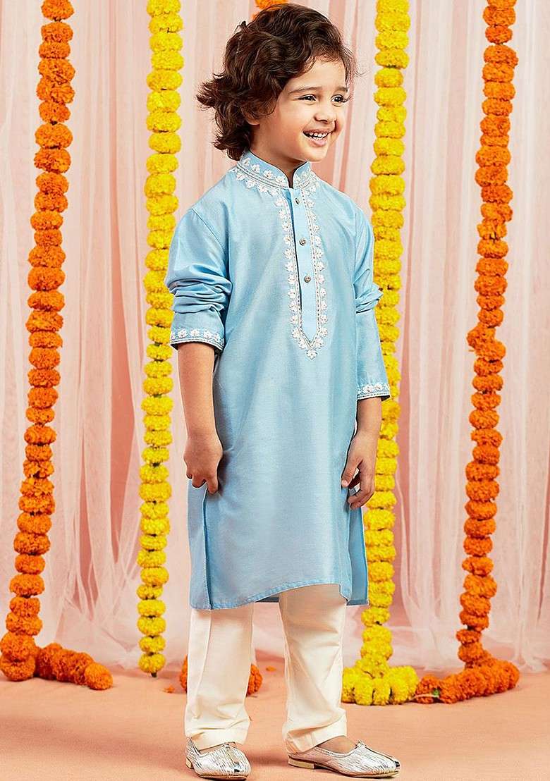 Blue Floral Blended Kurta Set For Boys - Indya