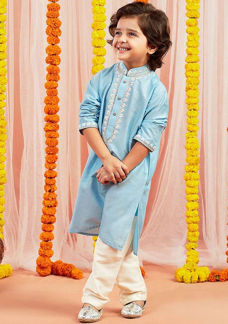 Blue Floral Blended Kurta Set For Boys - Indya