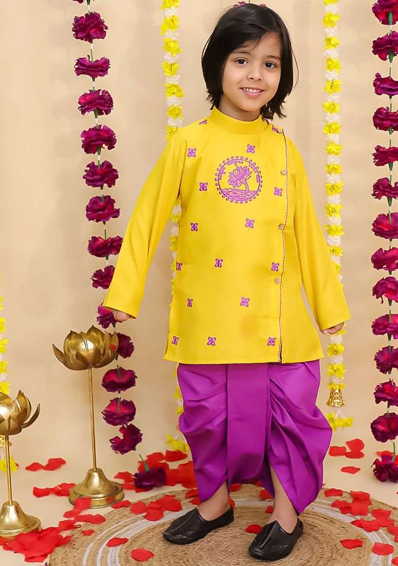 Purple Embroidered Cotton Kurta Dhoti Set For Boys - Indya
