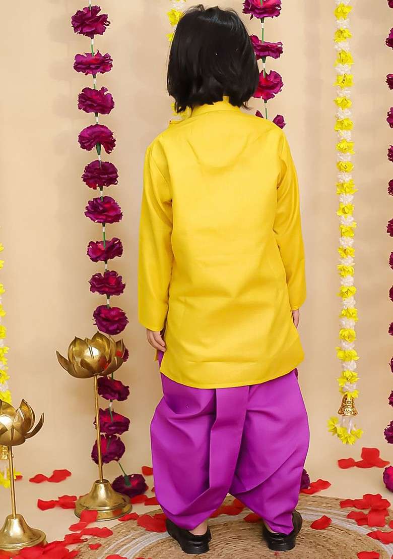 Purple Embroidered Cotton Kurta Dhoti Set For Boys - Indya