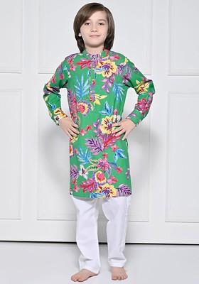 Green Printed Cotton Kurta Set For Boys