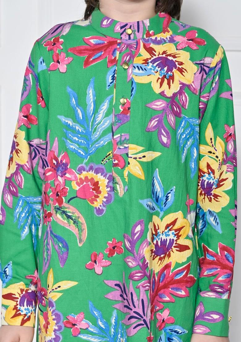 Green Printed Cotton Kurta Set For Boys - Indya