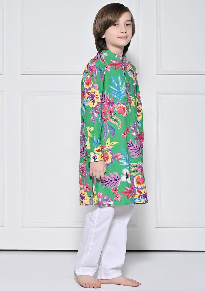 Green Printed Cotton Kurta Set For Boys - Indya