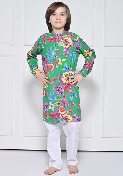 Green Printed Cotton Kurta Set For Boys