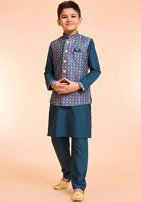 Navy Blue Printed Blended Nehru Jacket Set For Boys