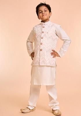 Cream Embroidered Blended Nehru Jacket Set For Boys