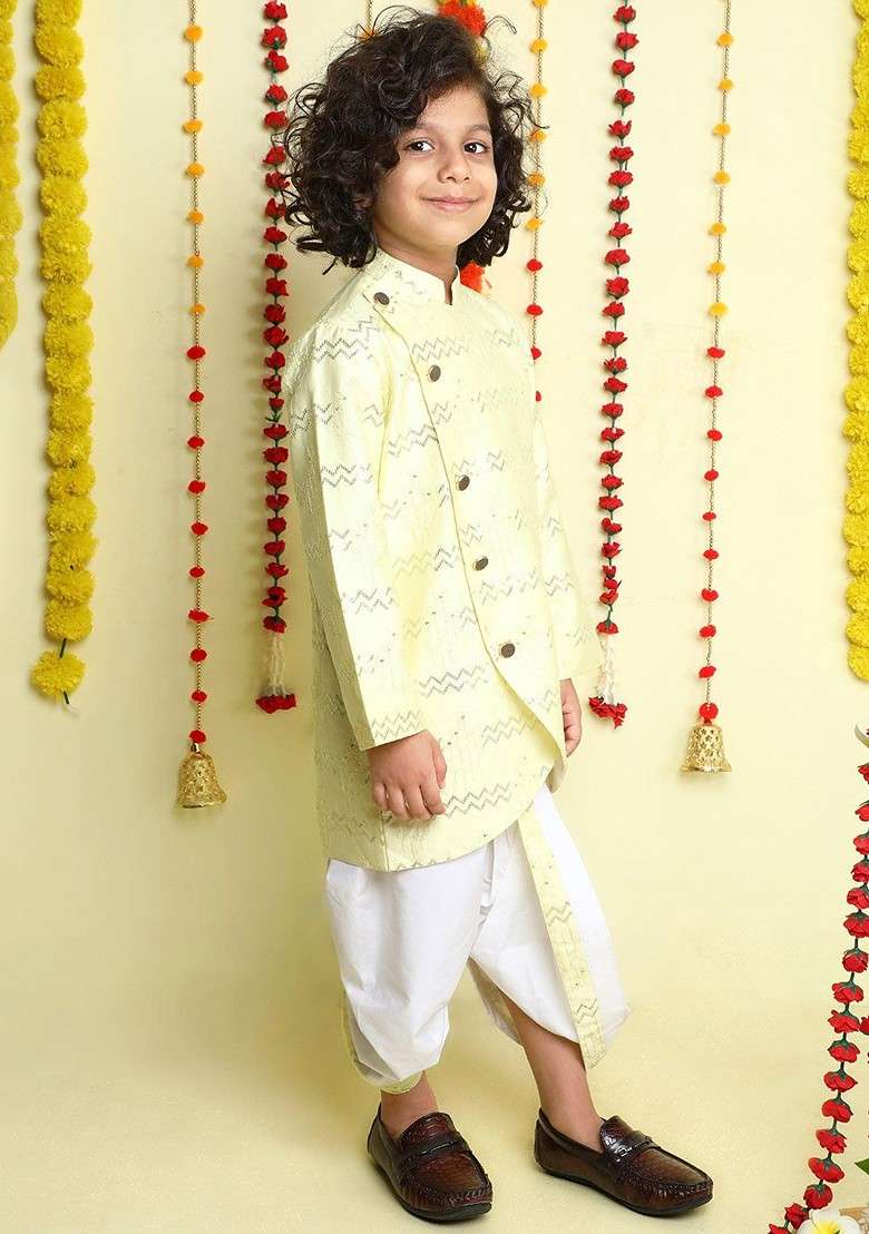 Yellow Embroidered Cotton Kurta Dhoti Set For Boys - Indya