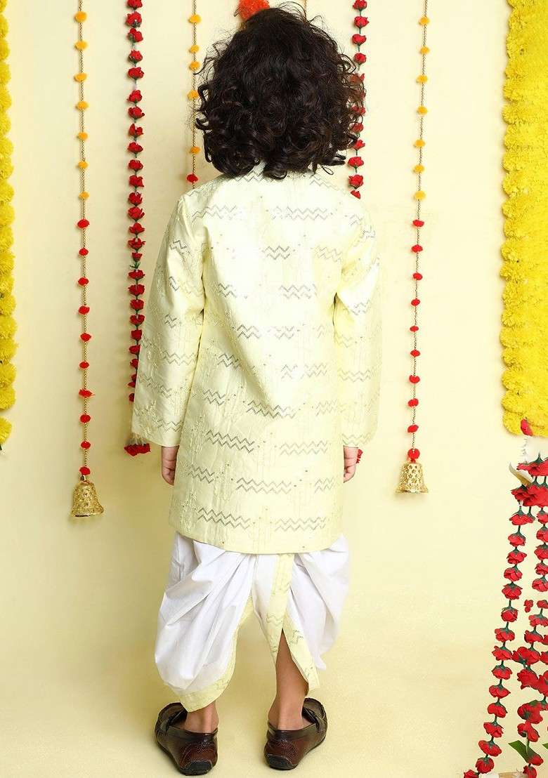 Yellow Embroidered Cotton Kurta Dhoti Set For Boys - Indya