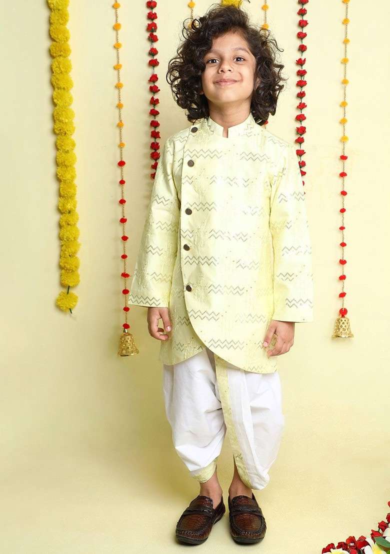 Yellow Embroidered Cotton Kurta Dhoti Set For Boys - Indya