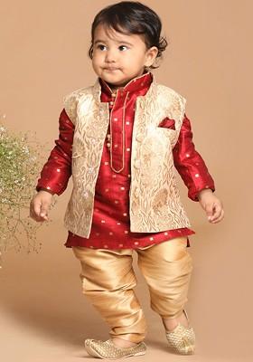 Maroon Woven Design Blended Nehru Jacket Set For Boys