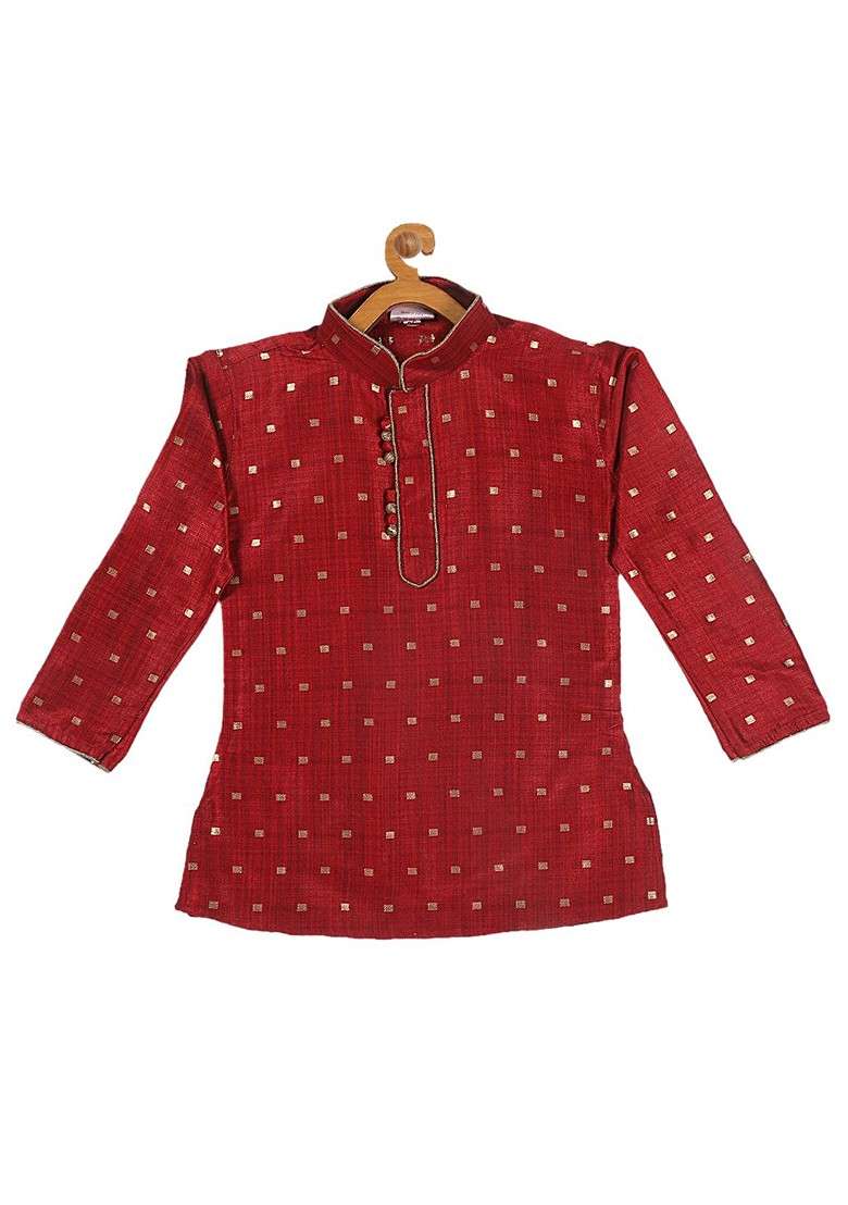 Maroon Woven Design Blended Nehru Jacket Set For Boys - Indya