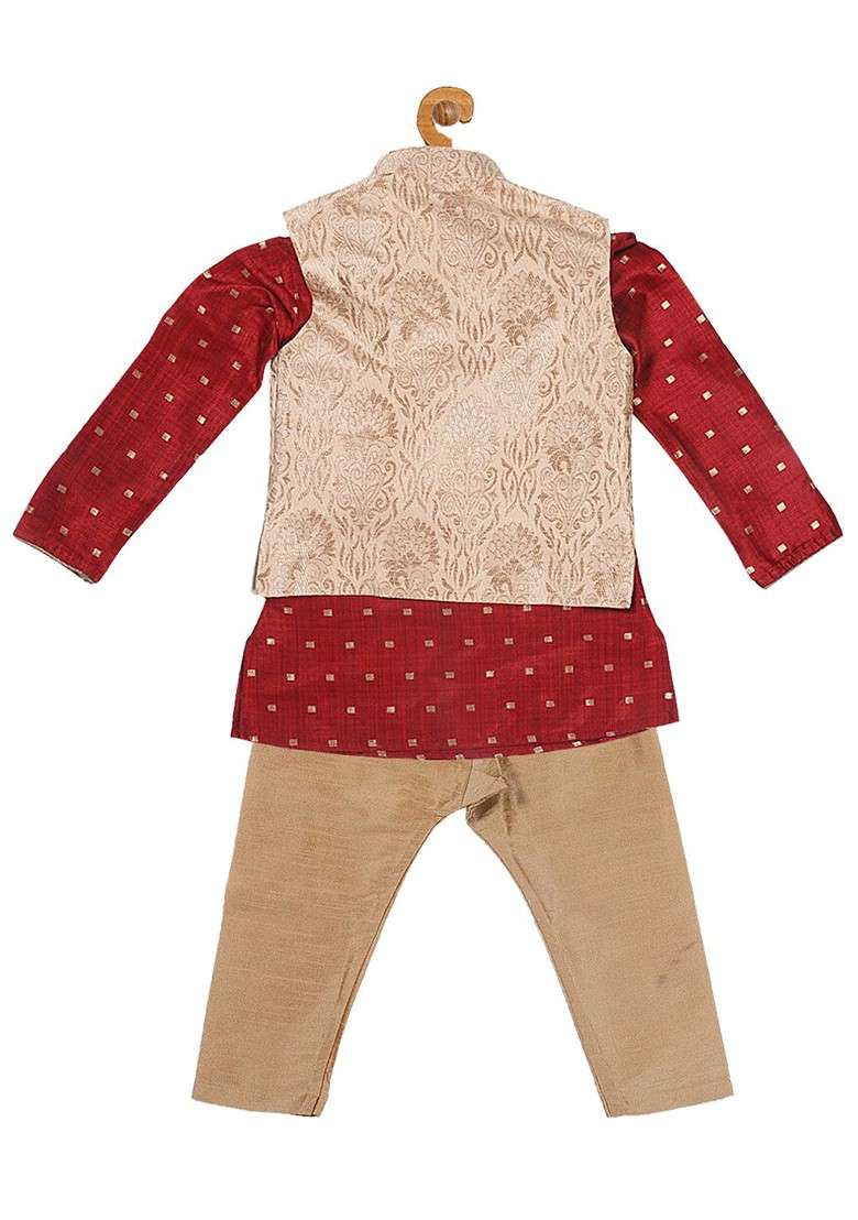 Maroon Woven Design Blended Nehru Jacket Set For Boys - Indya