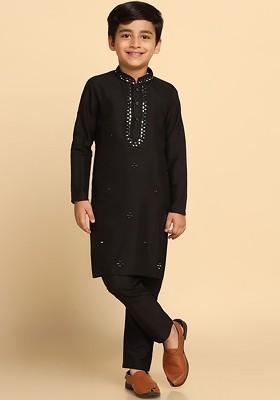 Black Embroidered Blended Kurta Set For Boys