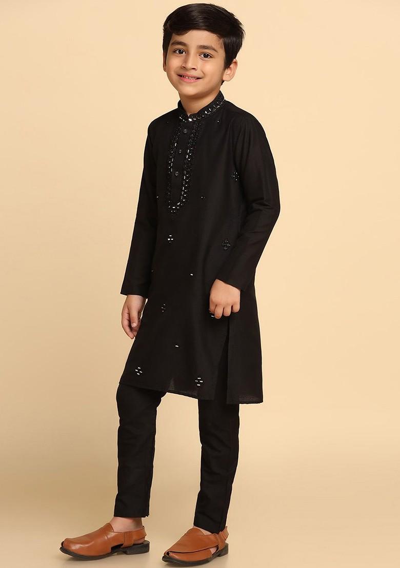 Black Embroidered Blended Kurta Set For Boys - Indya