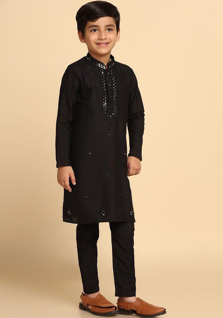Black Embroidered Blended Kurta Set For Boys - Indya