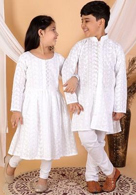 White Embroidered Cotton Kurta Set For Boys