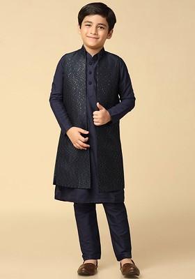Navy Blue Sequinned Blended Kurta Set For Boys
